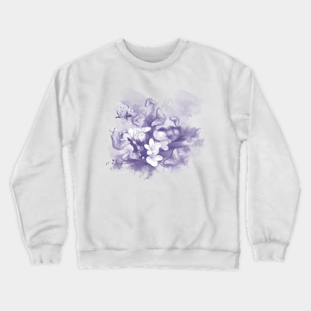 Ultraviolet tropical flowers and butterflies Crewneck Sweatshirt by hereswendy